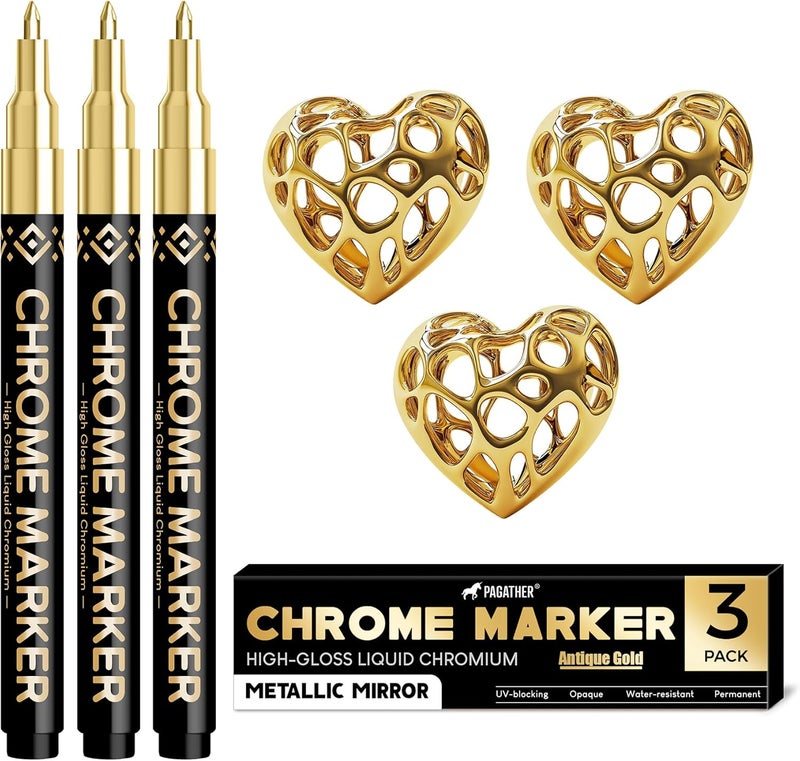 Pagather 3Pcs Chrome Paint Markers, Gold Color Permanent Mirror Liquid Chrome Pens for Plastic, Metal, Model, Jewelry, Wheel Painting, Touch Up & Repair Kit, DIY Art Projects - Image 1